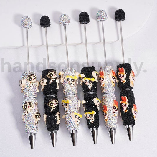 Powerpuff Girls Cartoon Charm Beadable Clay Pen with Black & AB Rhinestones Random Mix