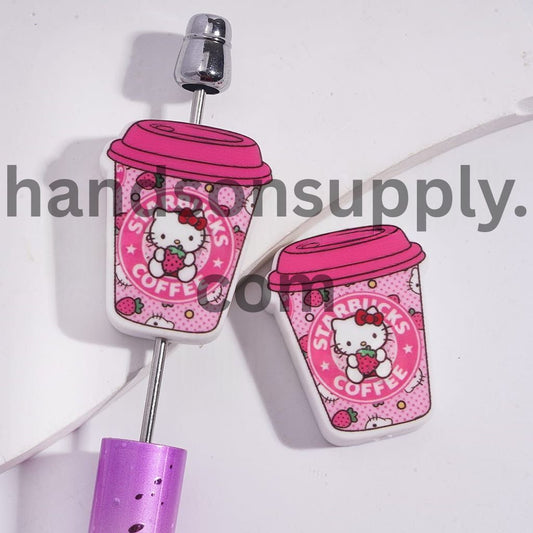Cute Cat Theme Coffee Cup Design with Strawberry & Silicone Focal Beads Random Mix