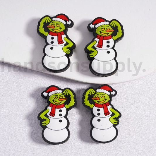 Snow Glow Mischievous Green Monster Character Holiday Snowman with Santa Red Hat & Scarf Silicone Focal Beads