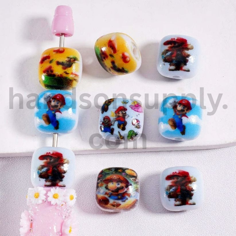 Plumber Character Cartoon Character Printed Flat Square Cube Shape Acrylic Beads 15MM, Random Mix