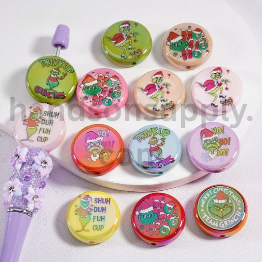 UV Coating Christmas Theme Glossy Green Monster in Santa Outfit with Red Hat Flat Round Acrylic Beads 23MM, Random Mix