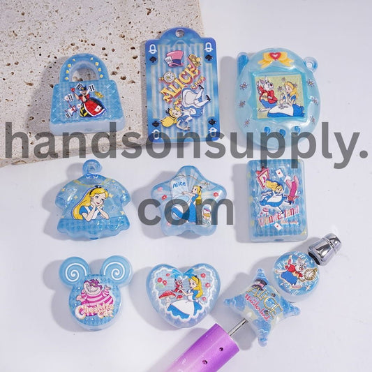 Whimsical Wonderland Girl and Rabbit Hole Fantasy Prints, Blue Series, Acrylic Beads Pendants Random Mix