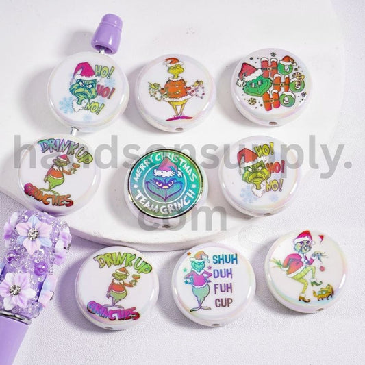 UV Coating Cute Christmas Green Monster in Santa Outfit with Red Hat Grinch Character, White Acrylic Beads 23MM, Random Mix