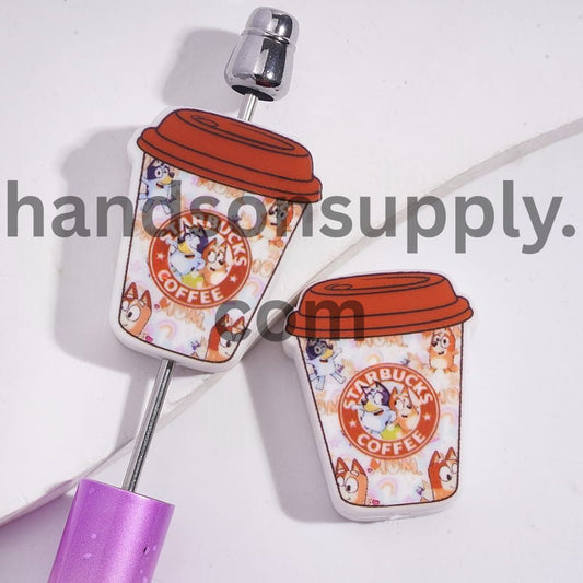 Blue and Orange Dog Character Patterns on Coffee Cup Silicone Focal Beads
