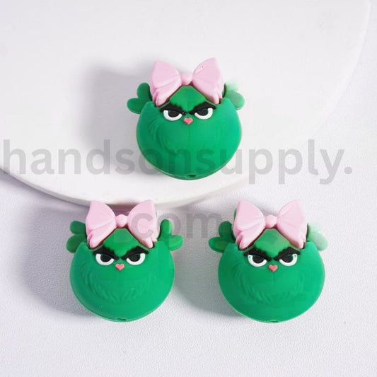 3D Cute Green Monster Grinch with Pink Bowknot Christmas Silicone Focal Beads