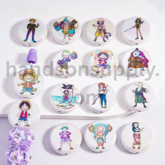UV Coated One Piece Japan Anime Prints Designs, Flat Round Acrylic Beads 23mm Random Mix