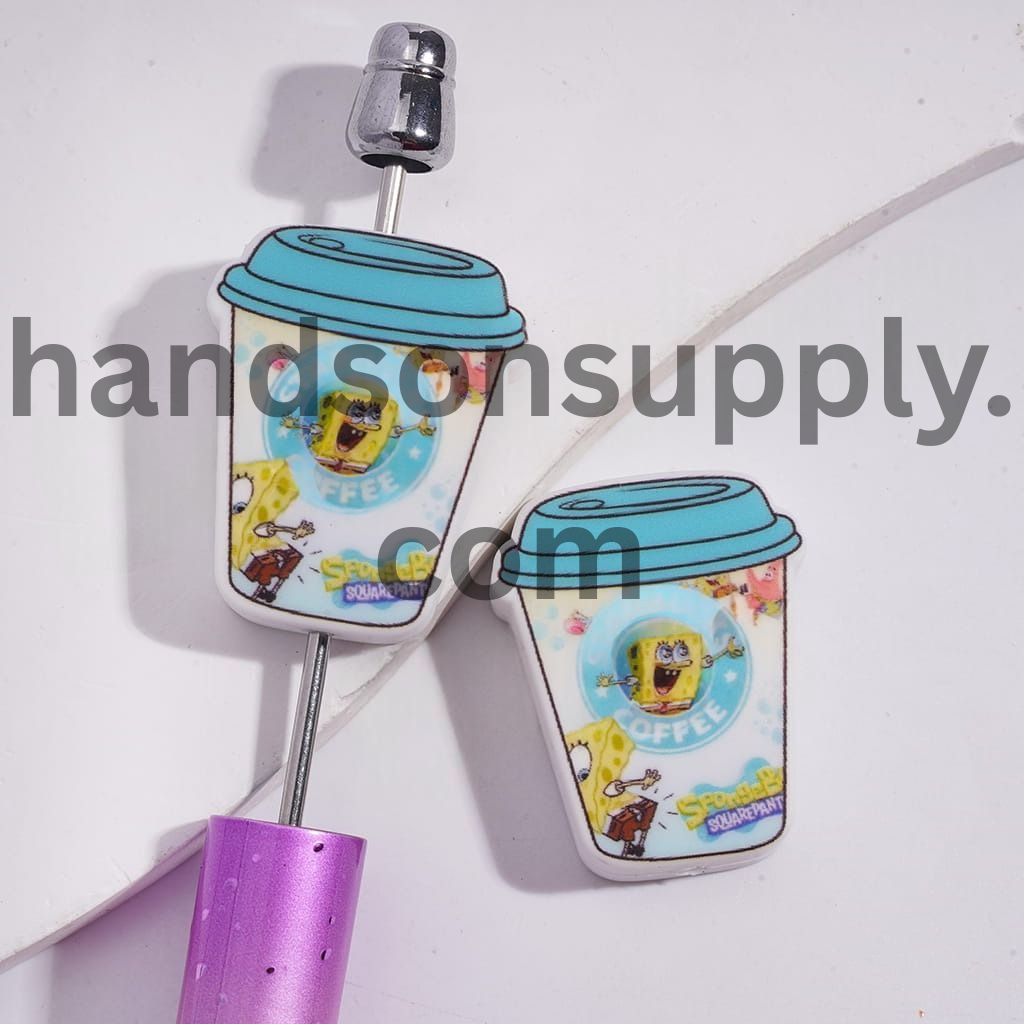 Yellow Sponge Character Patterns on Coffee Cup Silicone Focal Beads