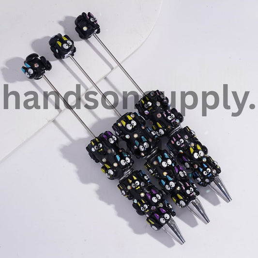 3D Cute Black Kitty Design with AB Rhinestones Beadable Clay Pens