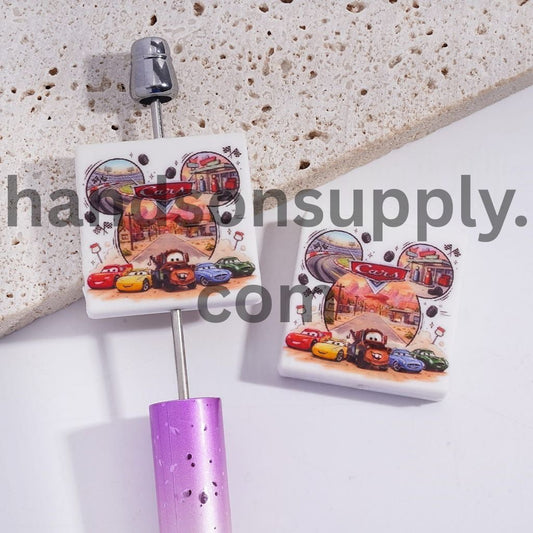 Cute Cartoon Design Mouse Character & Sports Car Flat Square Shape Silicone Focal Beads