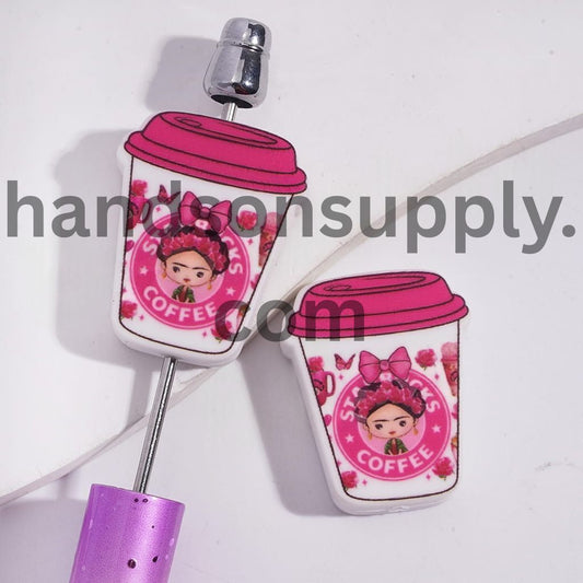 Girl Artist Portrait Patterns on Coffee Cup Silicone Focal Beads