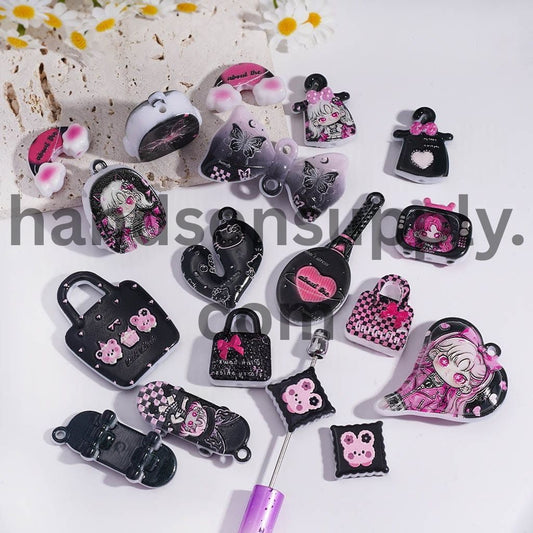 3D Fashion Girl Black & Pink Series in Various Shape & Designs Prints Acrylic Beads Pendants Random Mix