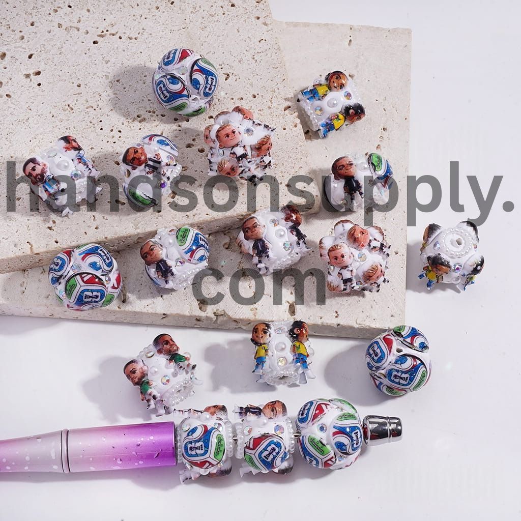 Soccer Player Designs with AB Rhinestones & White Pearls Round Clay Beads 20MM Random Mix