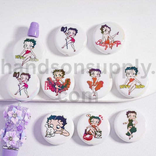 UV Coated Cute Old Girl Character Themed Prints White Flat Round Acrylic Beads 23mm, Random Mix