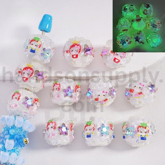 Luminous Hello Kitty with Strawberry Hat Star, Rhinestones, White Pearls Loop Clay Beads 18*20MM, Random Mix