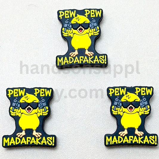 A Cool Yellow Bird Holds Guns with Glasses Pew Pew Madafakas Silicone Focal Beads