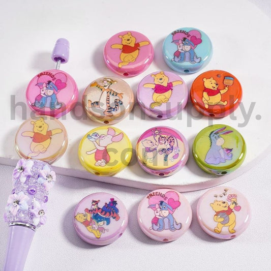 Cute Winni the Poo Charmer Cartoon Honey Bear with Friends Flat Rounds Acrylic Beads