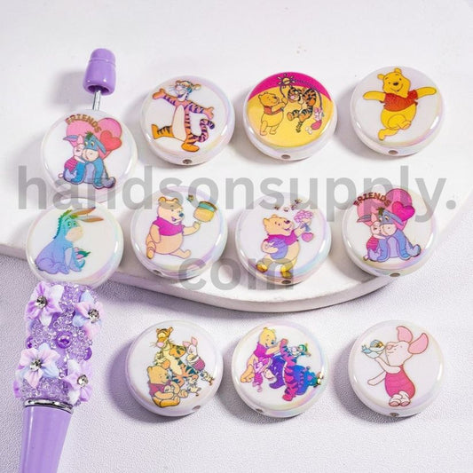 UV Coating Winni the Poo Yellow Cute Bear Friends Cartoon Animals White Flat Round Acrylic Beads 23MM, Random Mix
