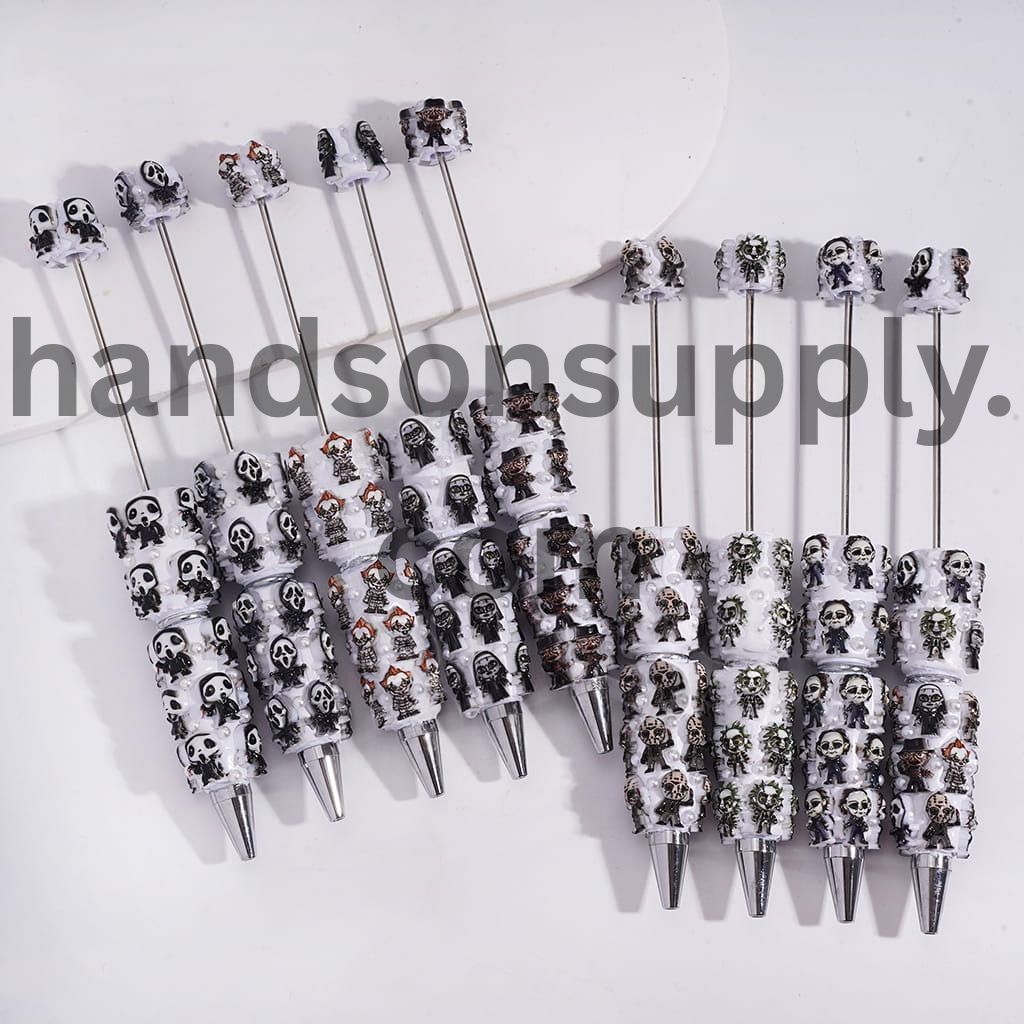 Dark Halloween Spooky Character Beadable Clay Pens with White Pearls, Random Mix