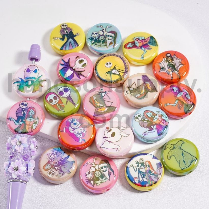 UV Coating Spooky Tale Skeleton Couple Rag Doll Haunted Love Story Cartoon Couple Multi-Color Flat Round Acrylic Beads 23MM, Random Mix