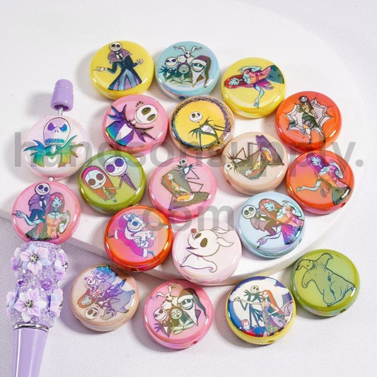 UV Coating Horror Nightmar before Christmas Jac Sall Haunted Love Story Cartoon Couple Multi-Color Flat Round Acrylic Beads 23MM, Random Mix