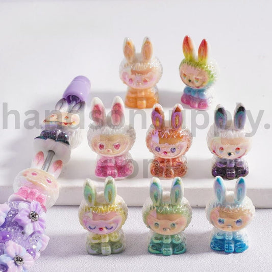 UV Coated Luminous Multi Color Cute Labub in Bunny Costume Design, Acrylic Beads  25MM Height, Random Mix