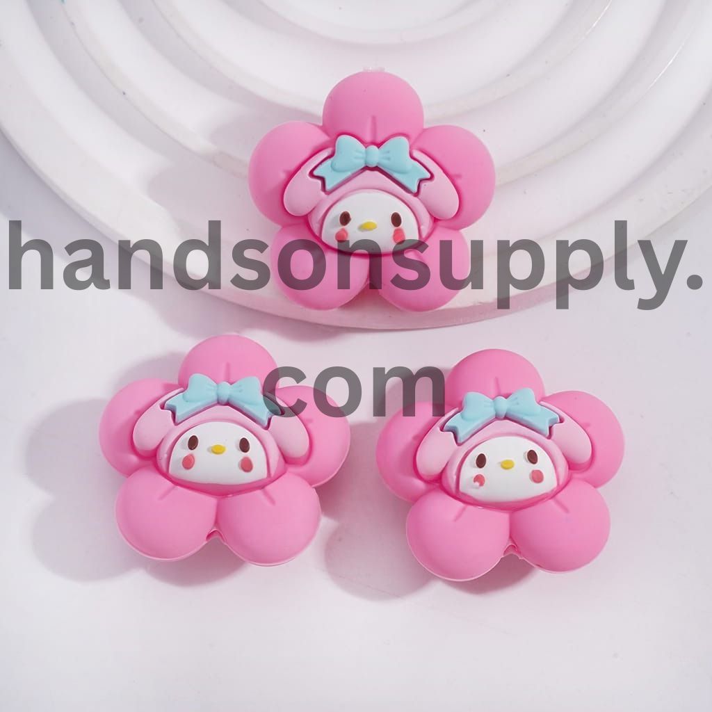 3D Pink Flower with Bunny Girl Silicone Focal Bead