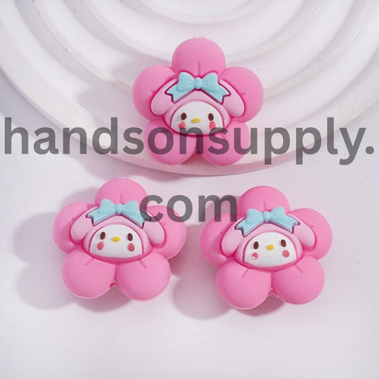 3D Pink Rose Flower with Cute Cat Silicone Focal Bead