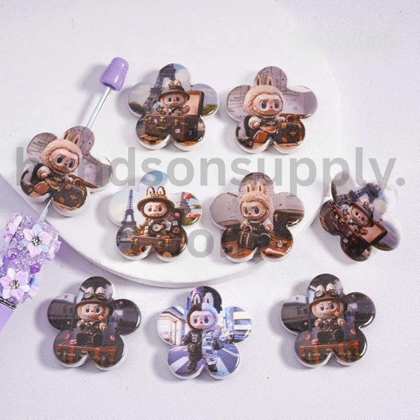 Five Petaled Flower Shape Cute Labub Pop Molly Cartoon Character Heart Shape Acrylic Beads, 28×31MM Random Mix