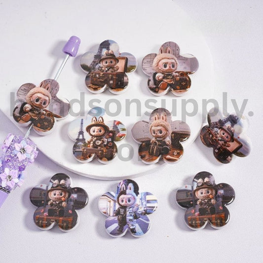 Five Petaled Flower Shape Cute Labub Pop Molly Cartoon Character Heart Shape Acrylic Beads, 28×31MM Random Mix