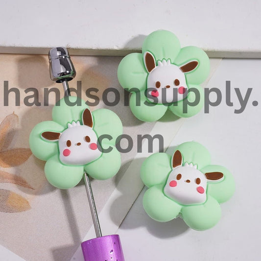 3D Cute Animal Floral Mint Green Flower with Black-Eared Dog Design Silicone Focal Bead