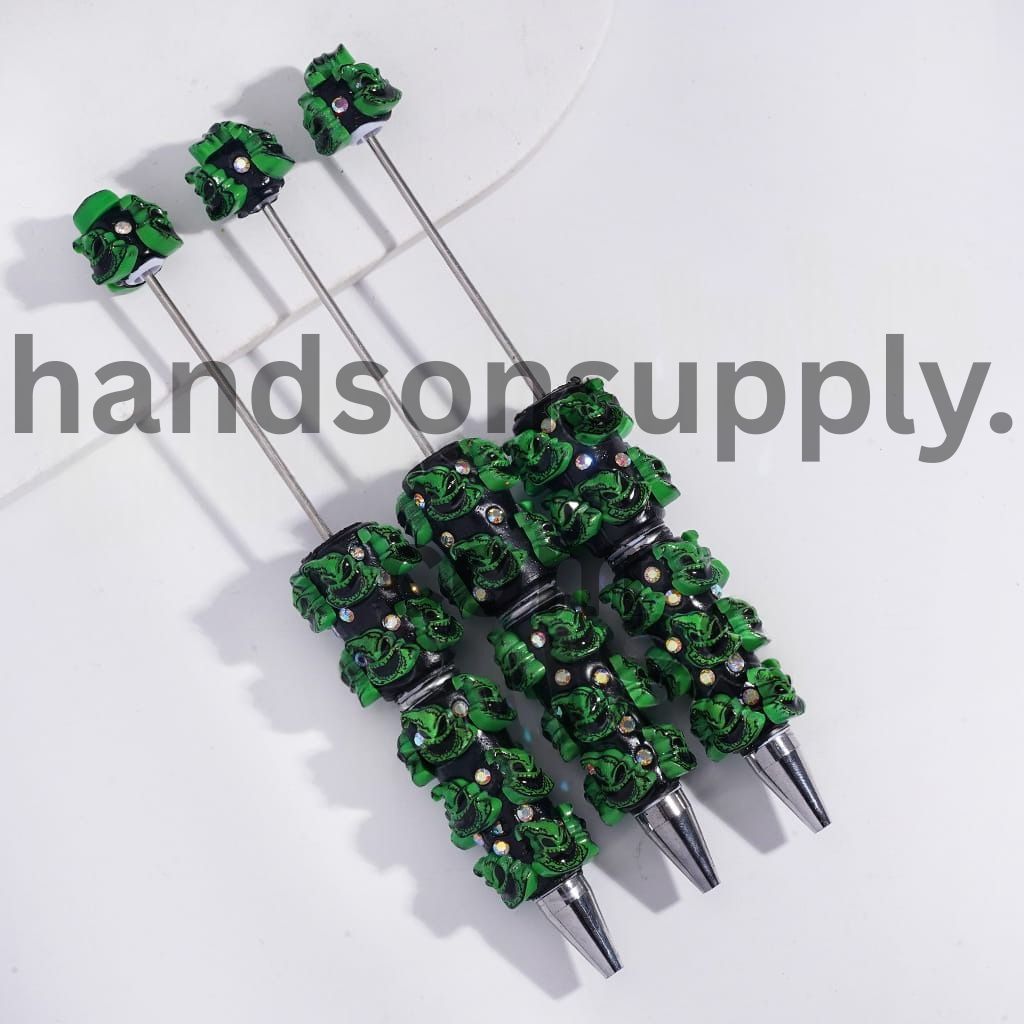 3D Cute Green Evil Character Design with AB Rhinestones on Beadable Clay Pens