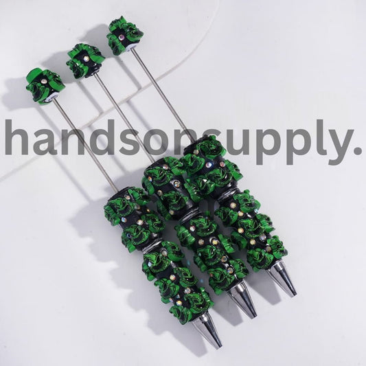 3D Cute Green Evil Character Design with AB Rhinestones on Beadable Clay Pens