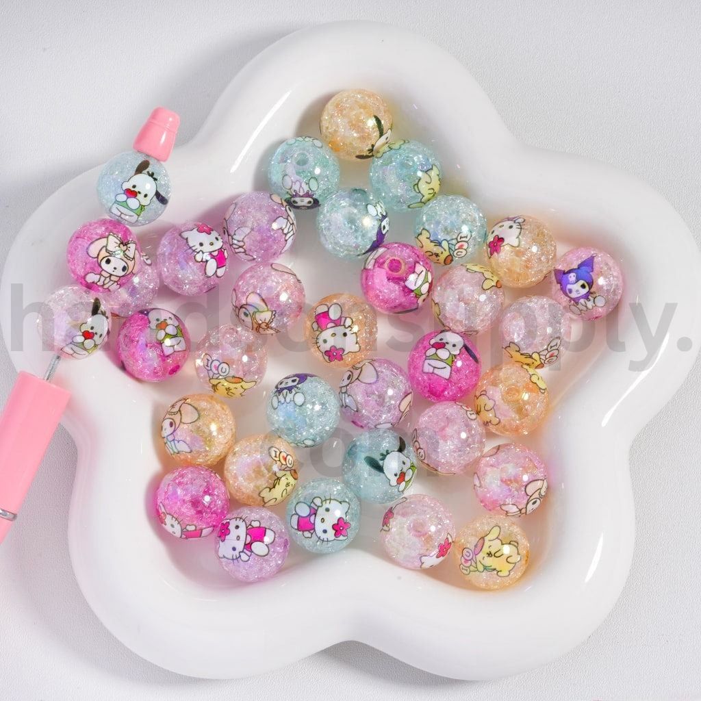 Crackle Finish Cute Cat Character Print Light Color Mix Acrylic Beads 16MM