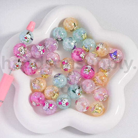 Crackle Finish Cute Cat Character Print Light Color Mix Acrylic Beads 16MM