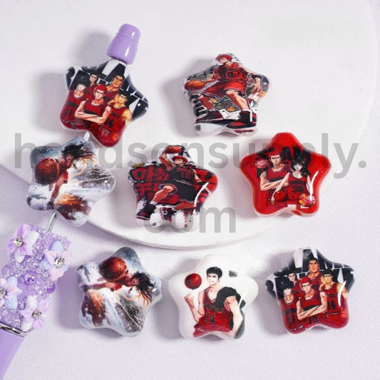 Five Pointed Star Shape Slam Dunk Series Japan Anime Basketball Character Prints Acrylic Beads 20MM, Random Mix