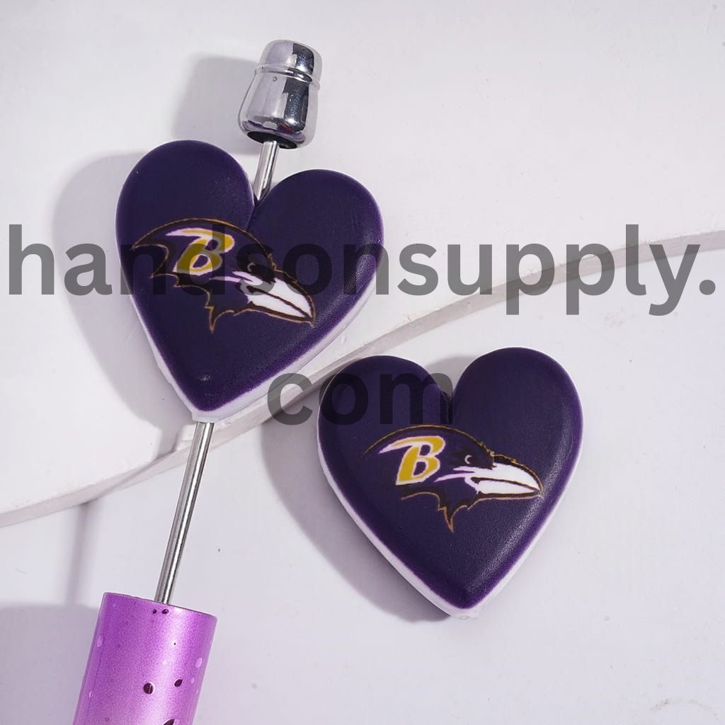American Football Baltimore Pattern Sport Theme Flat Heart Shape Silicone Focal Bead