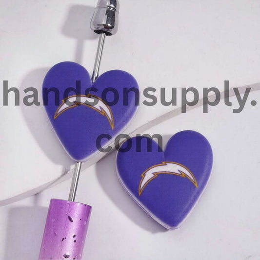 Football LA Chargers Pattern Sport Theme Flat Heart Shape Silicone Focal Bead