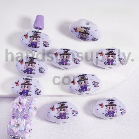 Cloud-Shaped Acrylic Beads with Cute Labub Characters in Wizard Hats, Featuring Halloween Ghost Faces, Pumpkins, and Bats 15*20MM, Random Mix