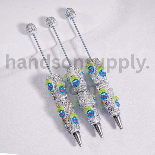 Beadable Clay Pen with AB Rhinestones Luminous Little Blue Man with Sausage Shaped Lips