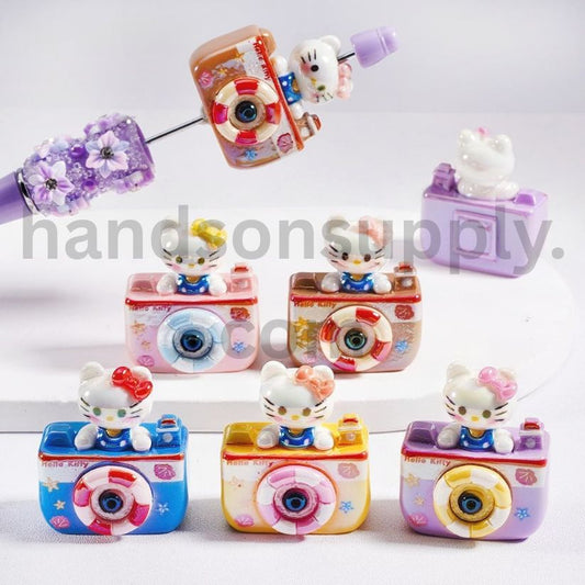 UV Coated Hello Kitty Cute Cat Camera Design, Acrylic Beads 34mm, Random Mix