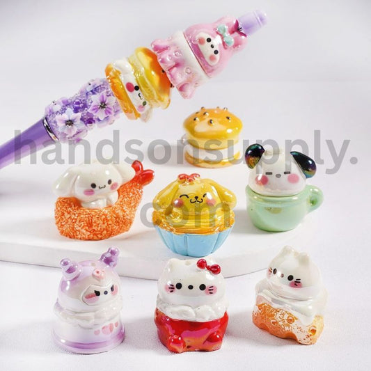 UV Coated Sanrio Family & Food Collection, Hello Kitt Kurom Cinnamonrol Pom Pom Puri Pochacc Bread Hamburger Cake Cheese Egg Tart, Cute Cat Acrylic Beads 28*34mm, Random Mix
