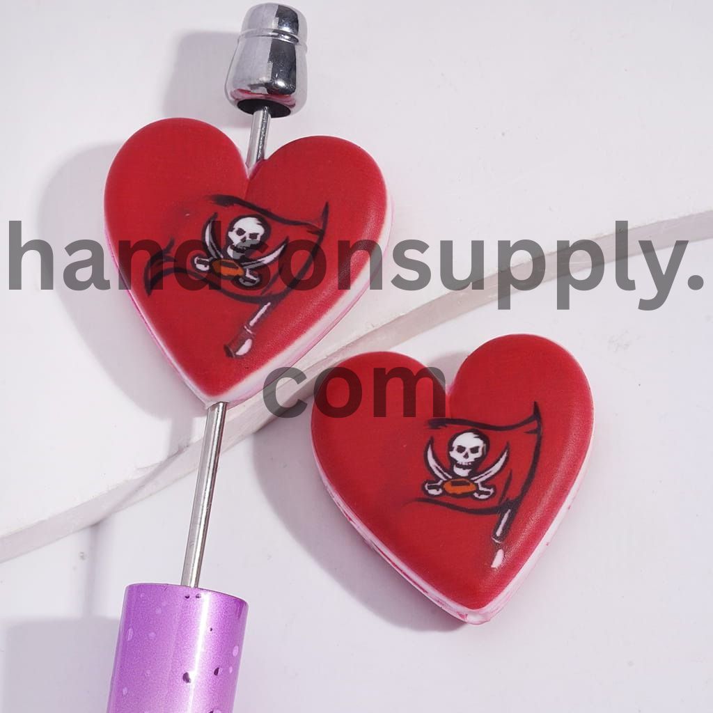American Football Tampa Pattern Sport Theme Flat Heart Shape Silicone Focal Bead