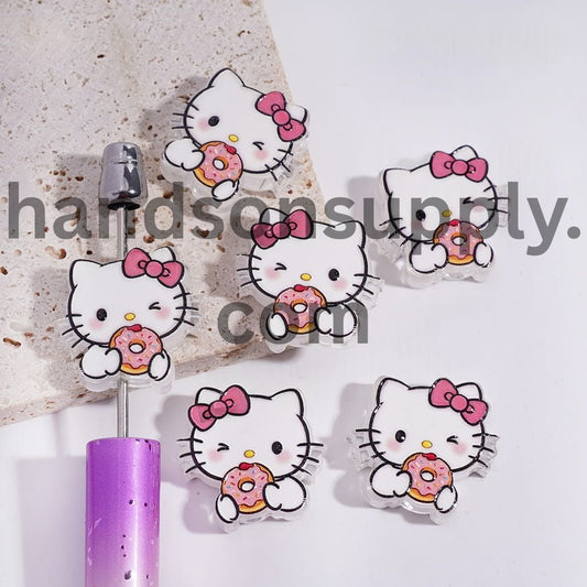 Cute Cat Character Eating Pink Doughnut with Bow Translucent Acrylic Beads 22*24MM