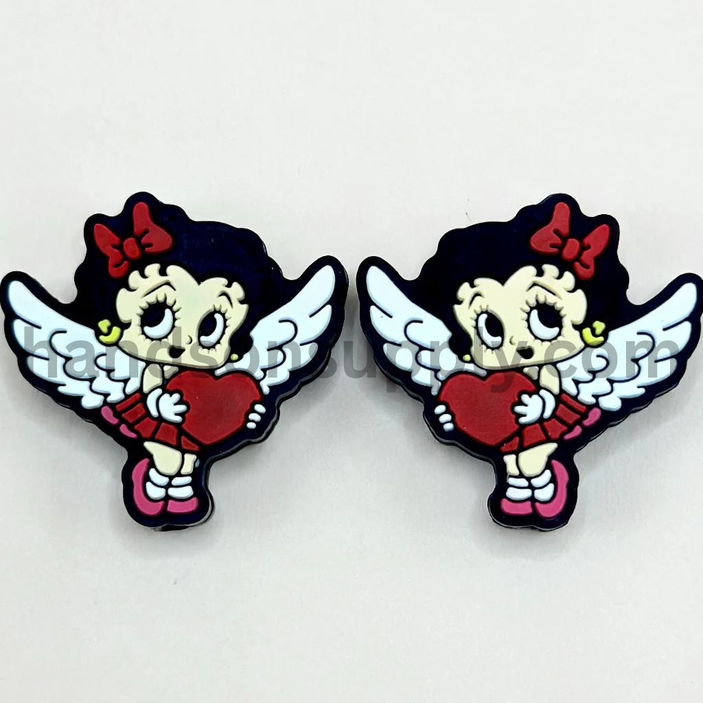 Betti Boo Cute Girl with Wings Holds a Red Heart Silicone Focal Beads