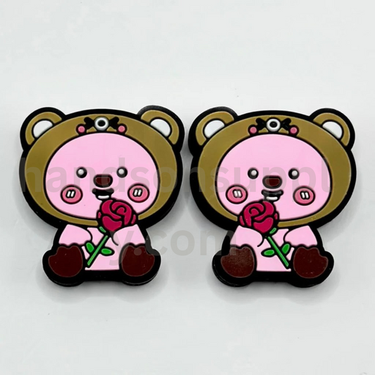 A Rose Flower Poror the Little Penguin Cute Pink Loop in Brown Hat Holds Silicone Focal Beads