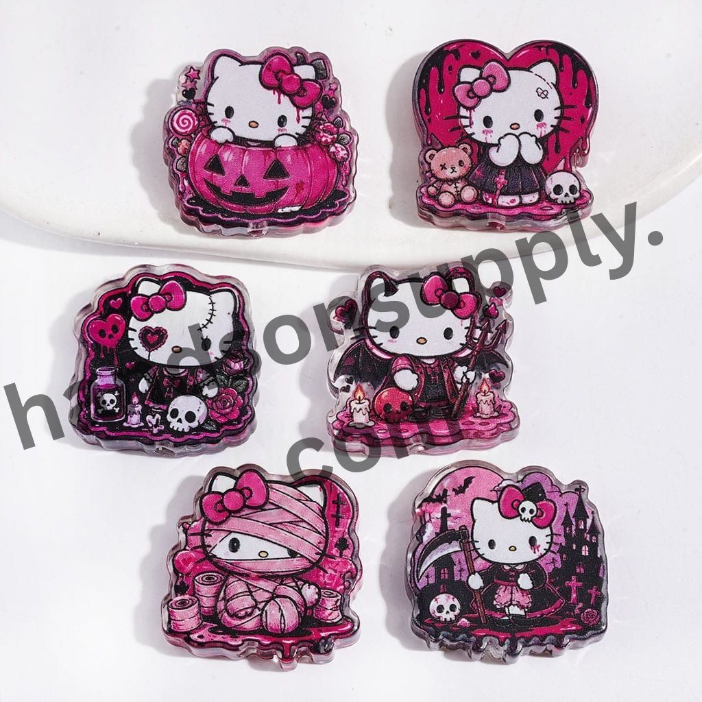 Spooky Cat Characters in Halloween-Themed Semi-Clear Acrylic Beads, Random Mix