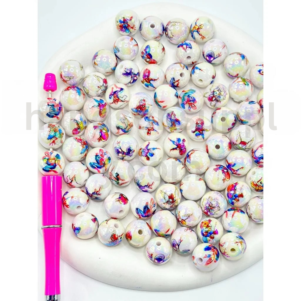 Spider-Man Print White Round 16MM Assorted Mix Superhero Acrylic Beads