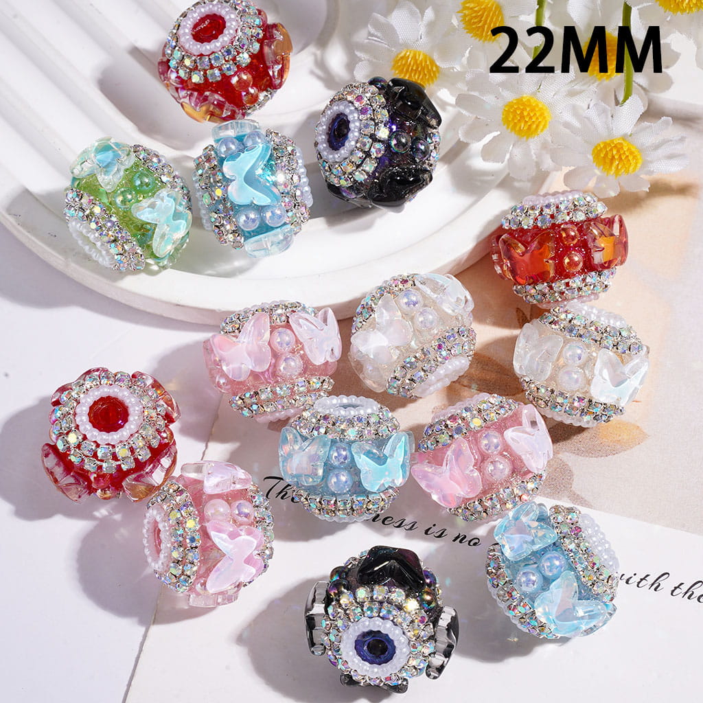 Fancy Butterfly Pearl AB Rhinestone Chain Round Acrylic Beads, 22MM, Random Mix, Assorted Colors