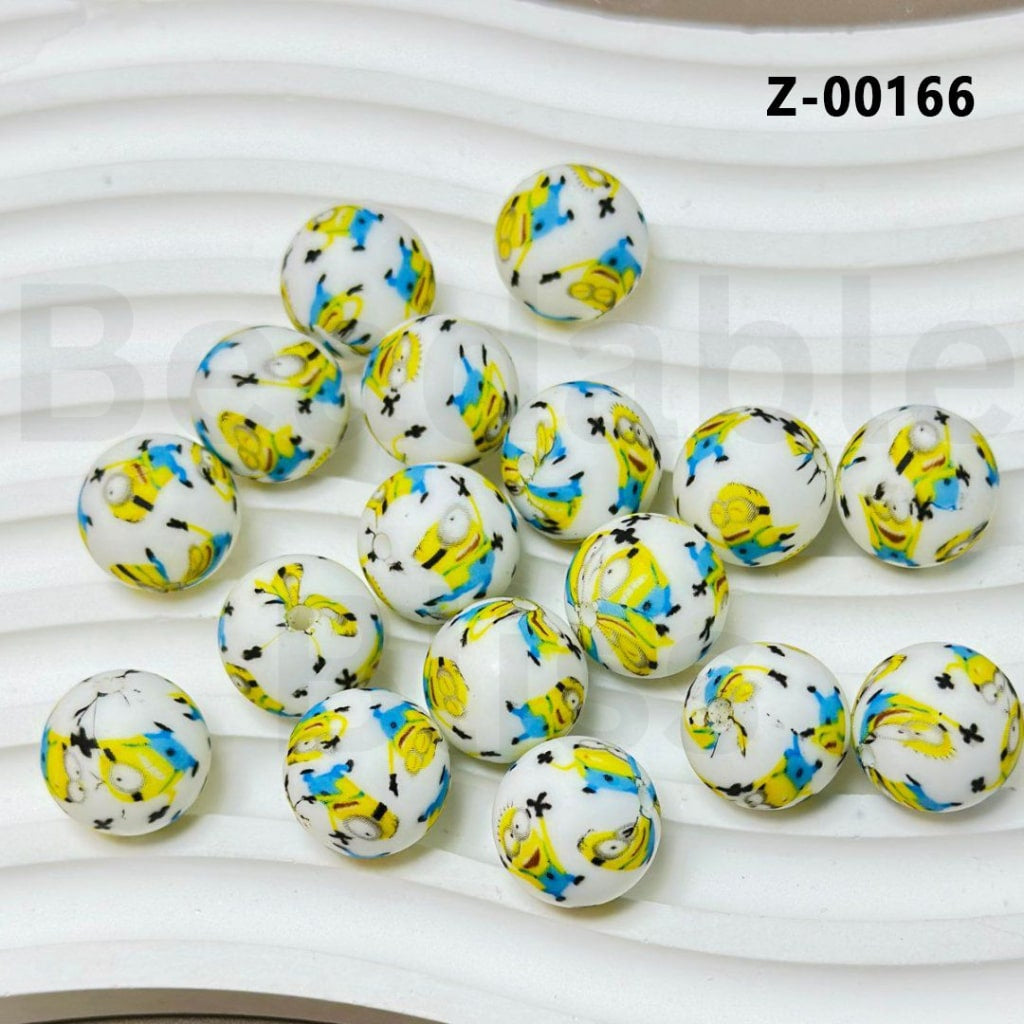 White Round Printed Little Cute Minio Silicone Beads 15mm, Number Z-00166