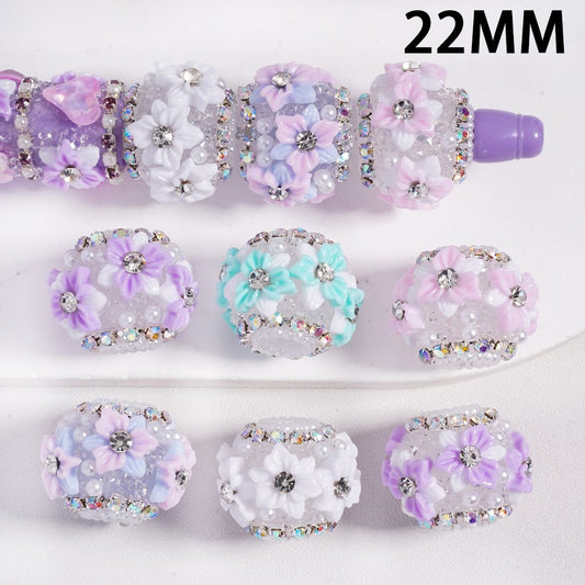 Double Layer Multi-Color AB Rhinestone Flower Round Shape Sugar Acrylic Beads with Sparkle White Pearl Chains, Random Mix